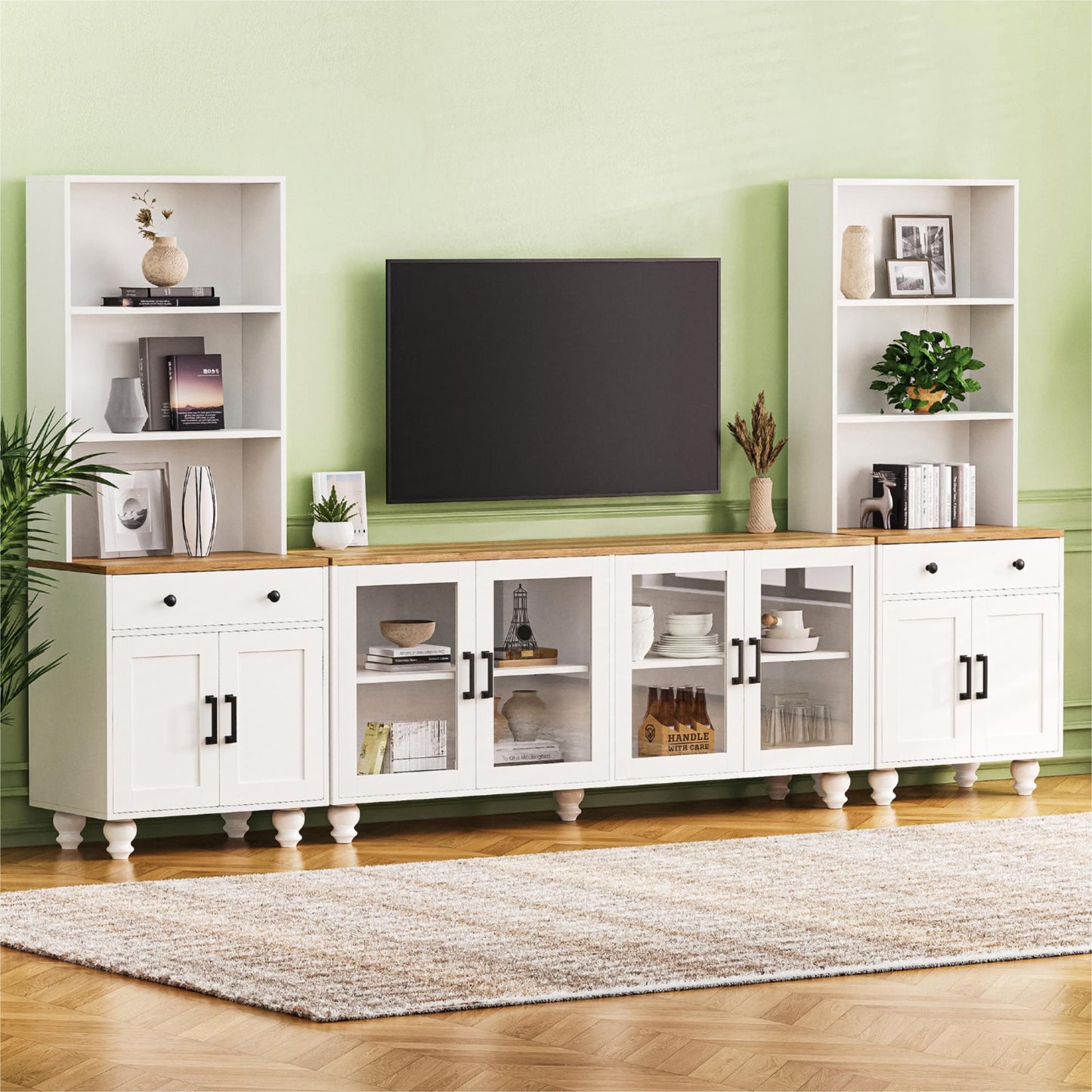 ON-Trend Farmhouse TV Stand with Solid Wood Gourd-Shaped Legs