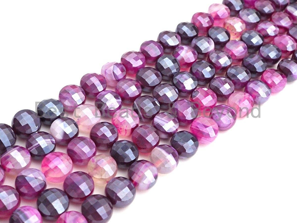 Mystic Plated Turtle Shell Cut Natural Pink Purple Agate Coin Shape beads, 6mm/8mm/10mm Checkerboard Cut Agate, 15.5" Full Strand,SKU#UA85