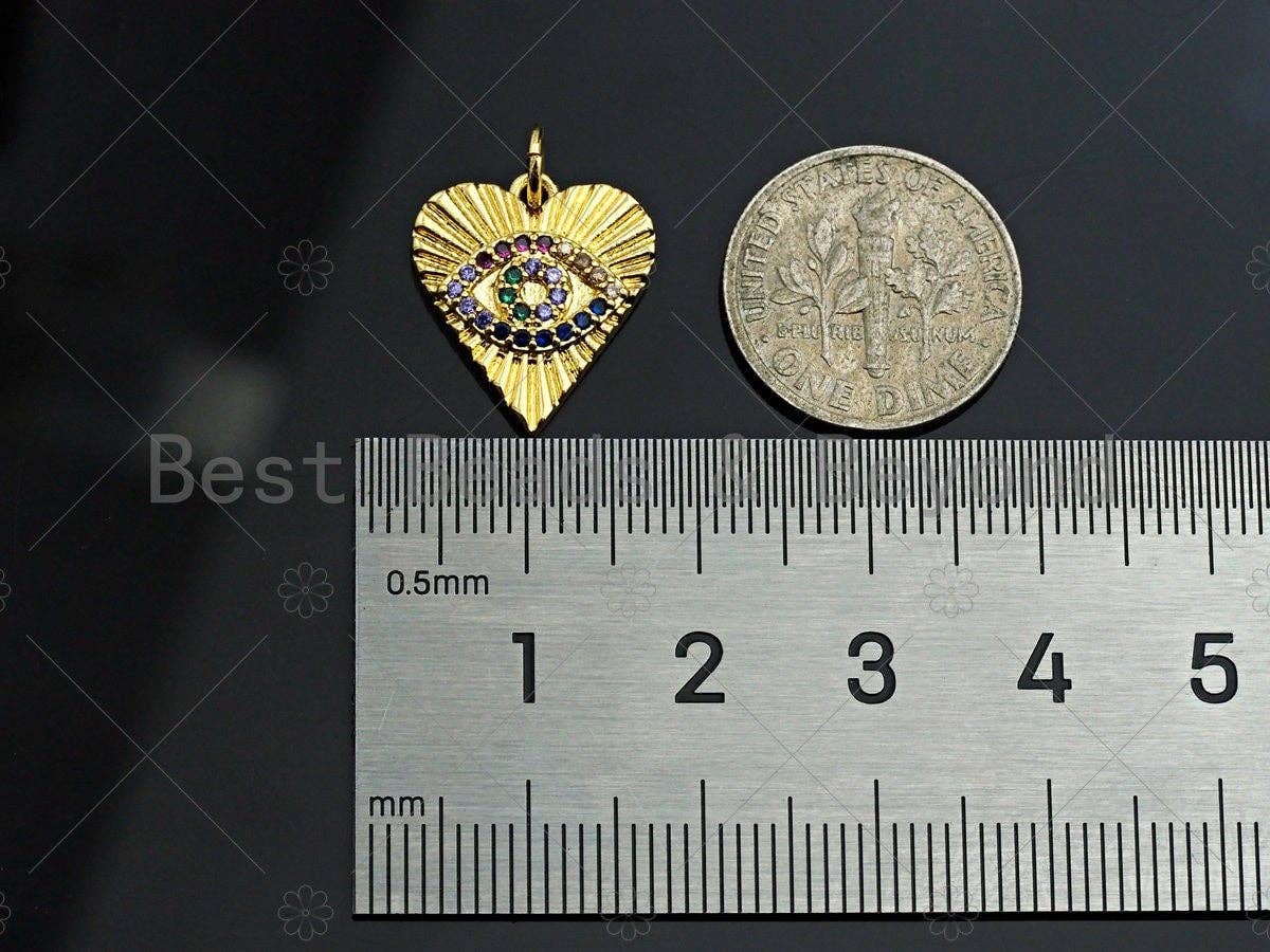 Colorful CZ Micro Pave Evil Eye On Heart Pendant/Charm,Cubic Zirconia Paved Charm, Necklace Bracelet Charm Pendant, 16x14mm,Sku#Z1207