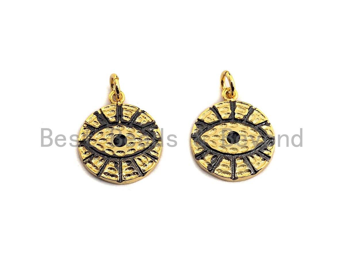 CZ Micro Pave Black Evil Eye on Disc Round Charm/Pendant, Gold Evil eye charm, Greek evil Eye, Pave Evil eye, 15mm,sku#Z424