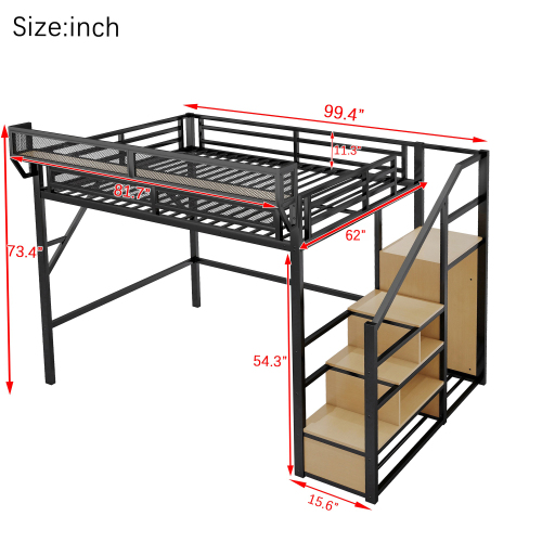 Queen Size Loft Bed with Stairs and Storage Shelves