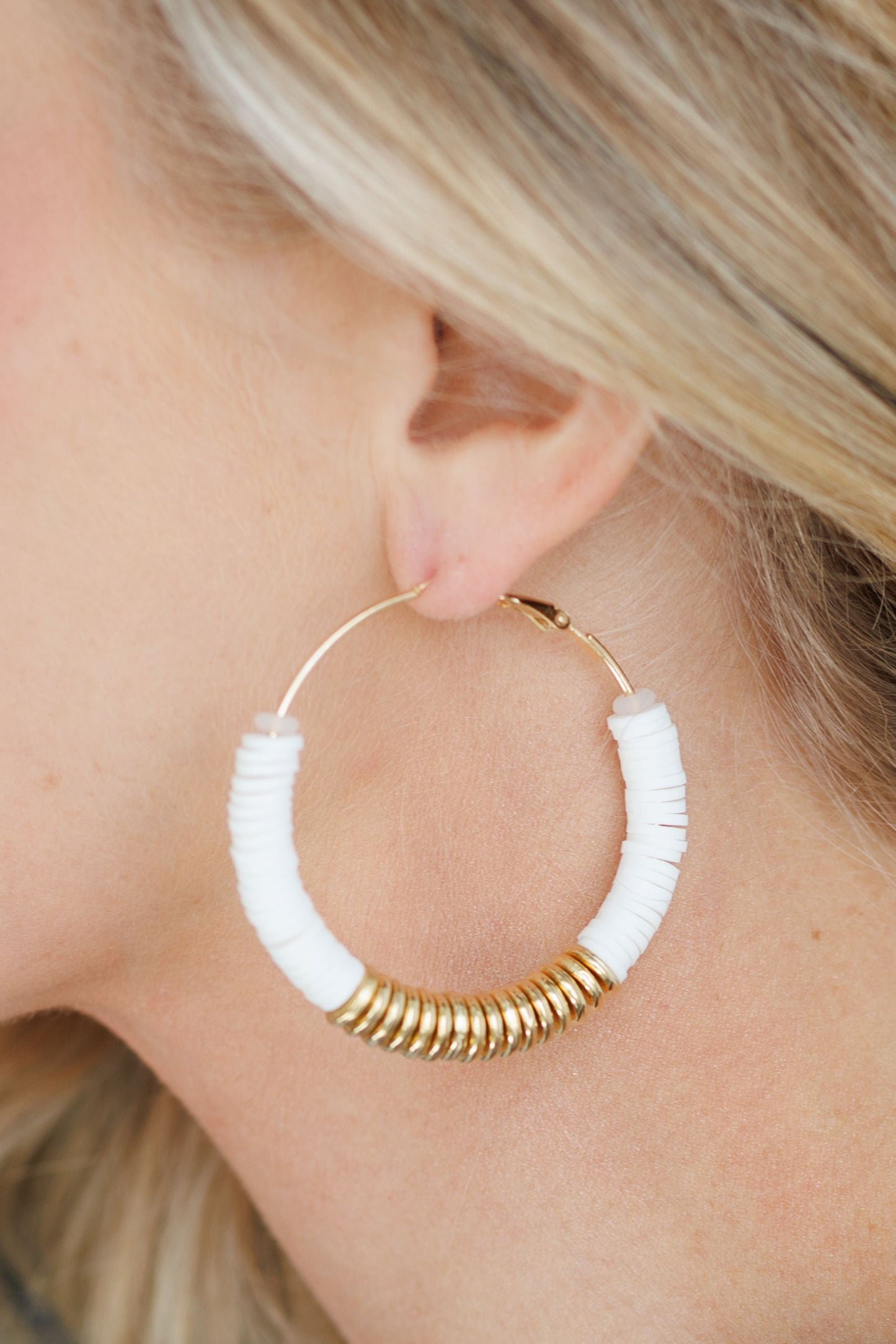 Beautiful White and Gold Clay Hoops