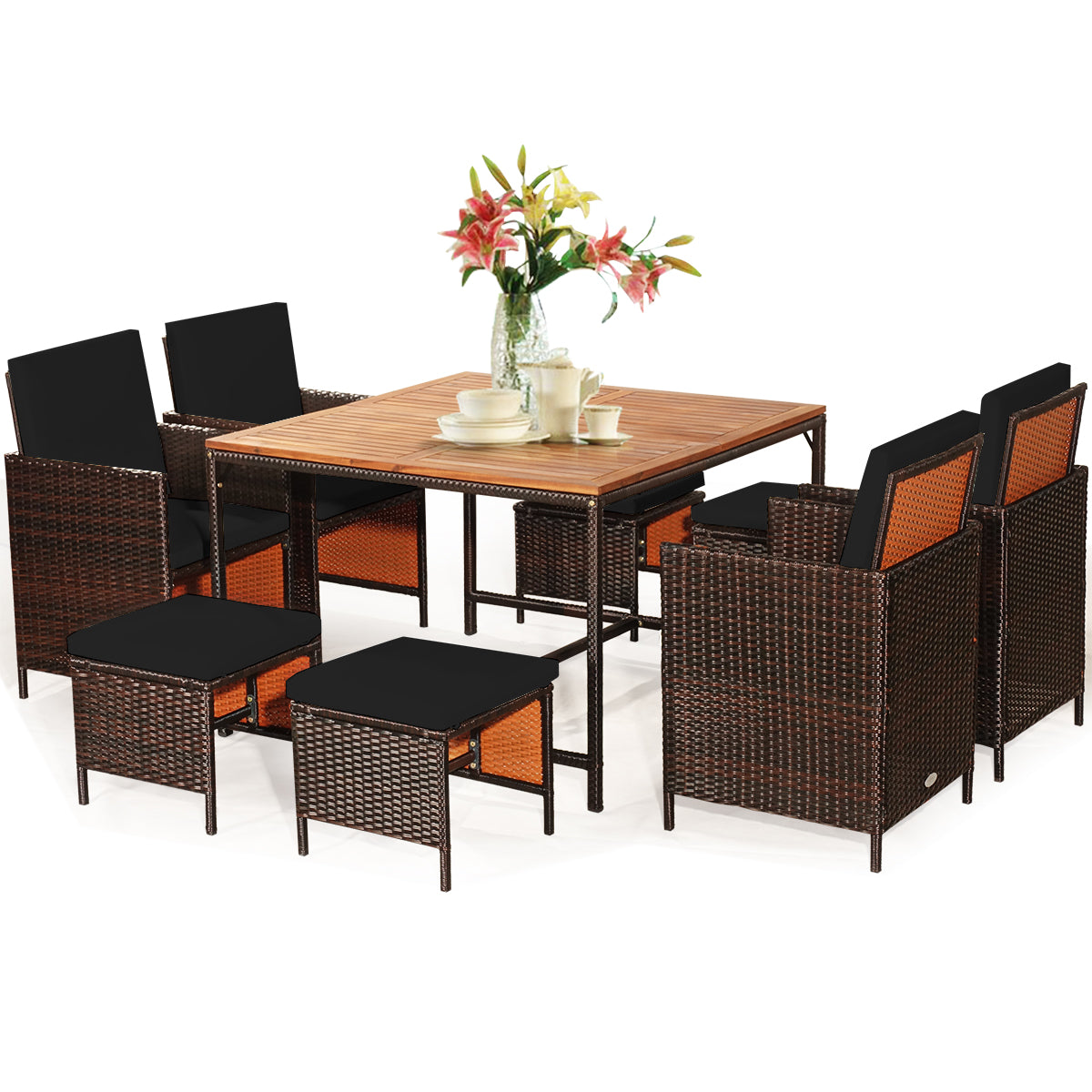 9 Pieces Patio Rattan Dining Cushioned Chairs Set