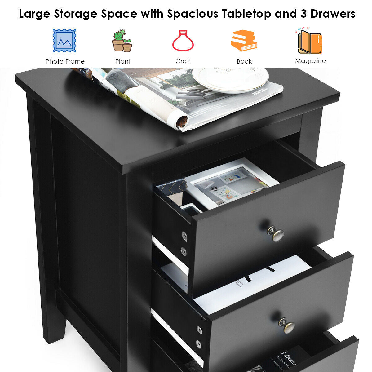 Set of 2 Nightstand End Beside Table Drawers