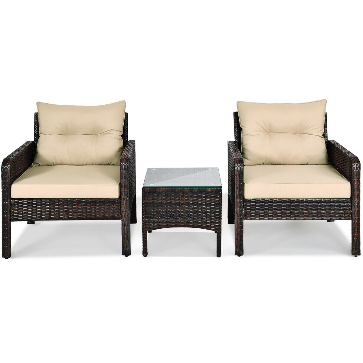 3 Pcs Outdoor Patio Rattan Conversation Set with Seat Cushions-Black