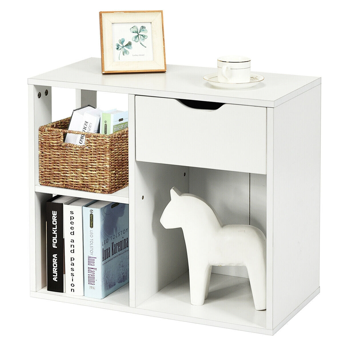 3-Cube Bookcase 2-tier Wooden Storage Shelf with Pull-out Drawer-Brown