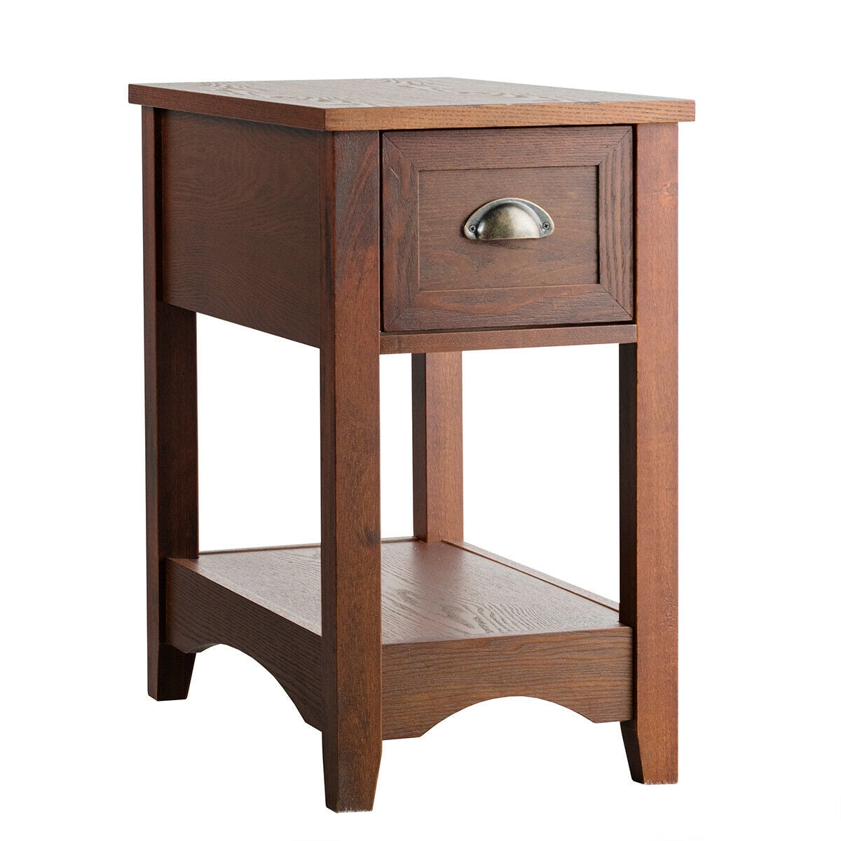 2 Pieces Retro Narrow Tiered End Table with Drawer and Storing Shelf