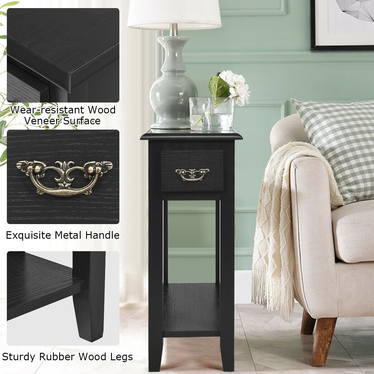 End Table Bedside Sofa End Table Narrow Nightstand with Wooden Legs