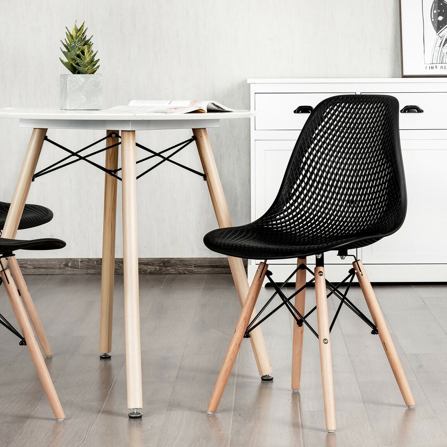2 Pcs Modern Plastic Hollow Chair Set with Wood Leg