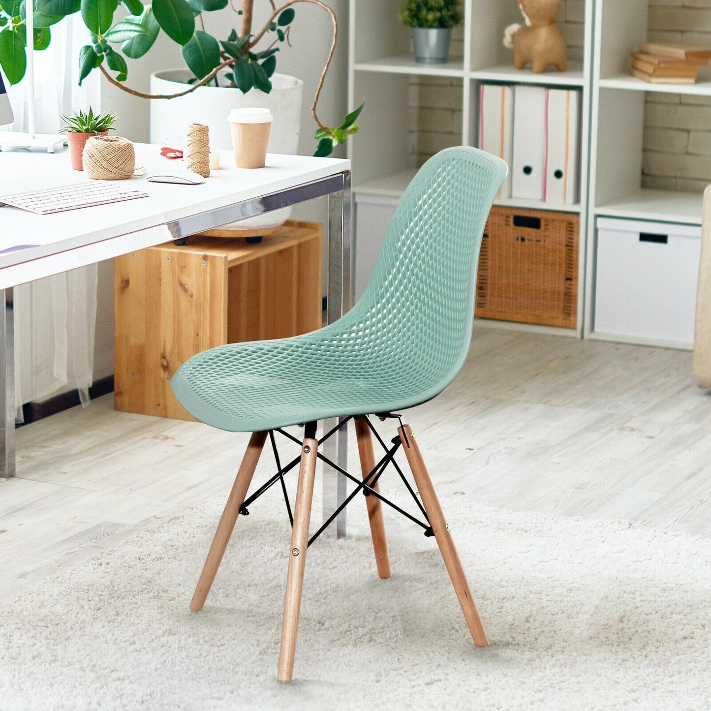 2 Pcs Modern Plastic Hollow Chair Set with Wood Leg
