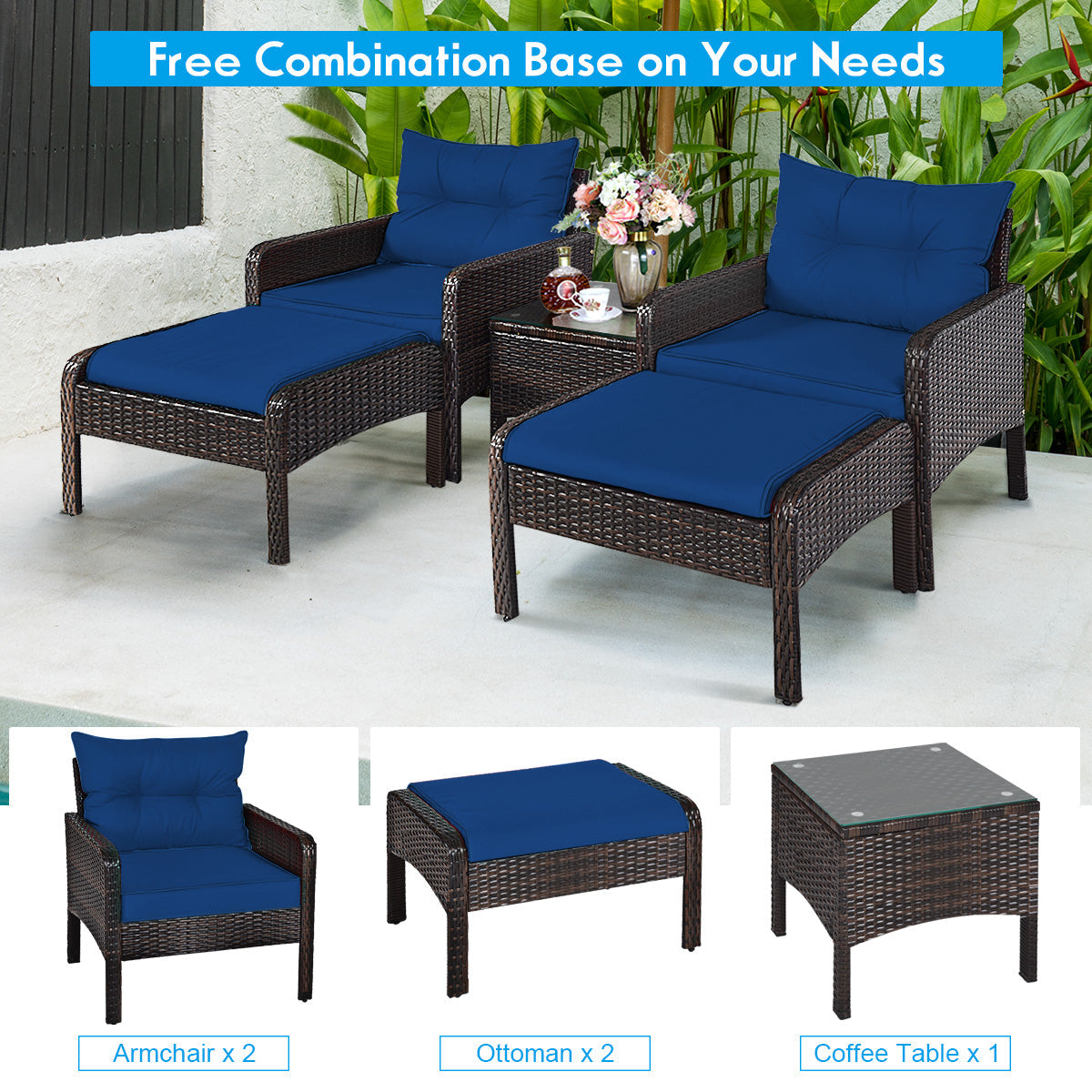 5 Pieces Patio Rattan Sofa Ottoman Furniture Set with Cushions-Black
