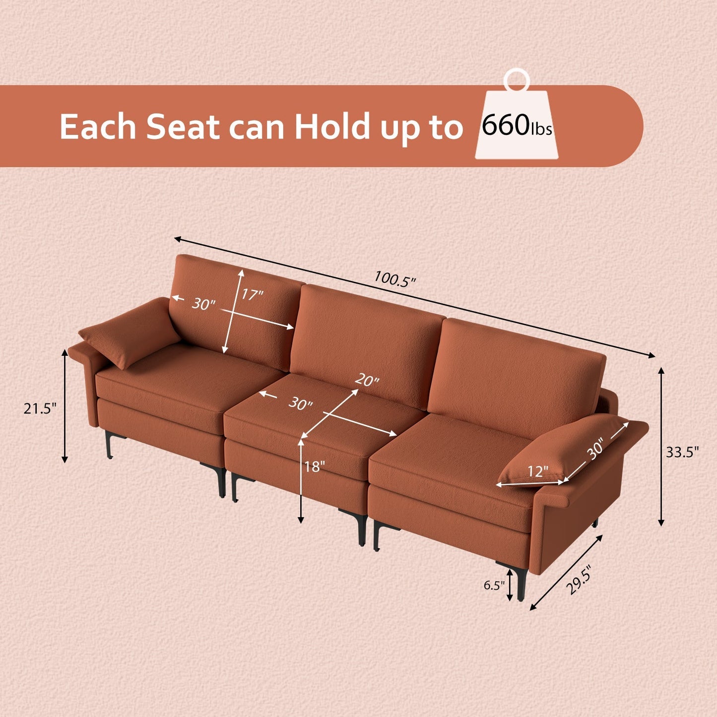 Large 3-Seat Sofa Sectional with Metal Legs and 2 USB Ports for 3-4 people