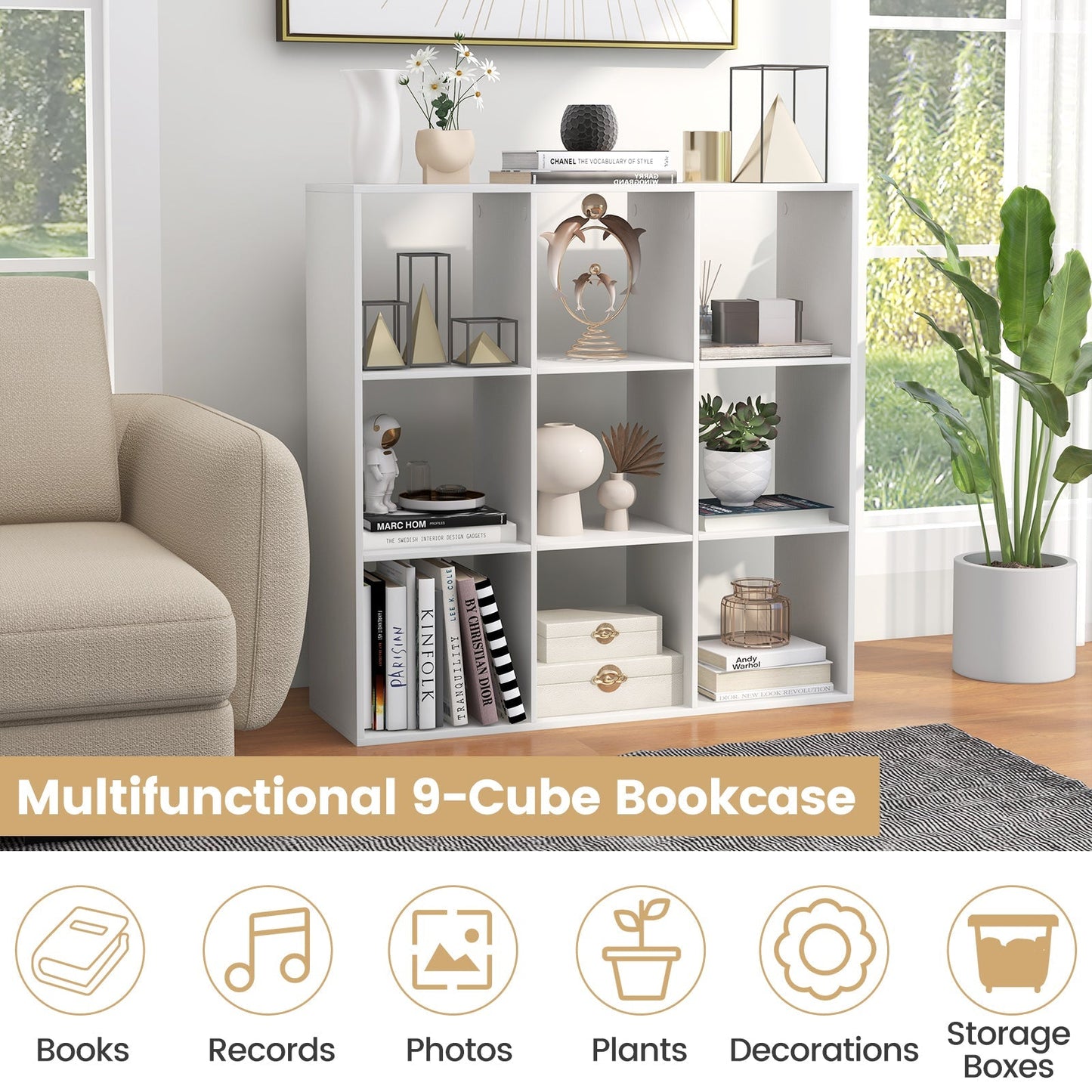 9 Cube Bookshelf with Back Guardrail for Living Room Bedroom-White