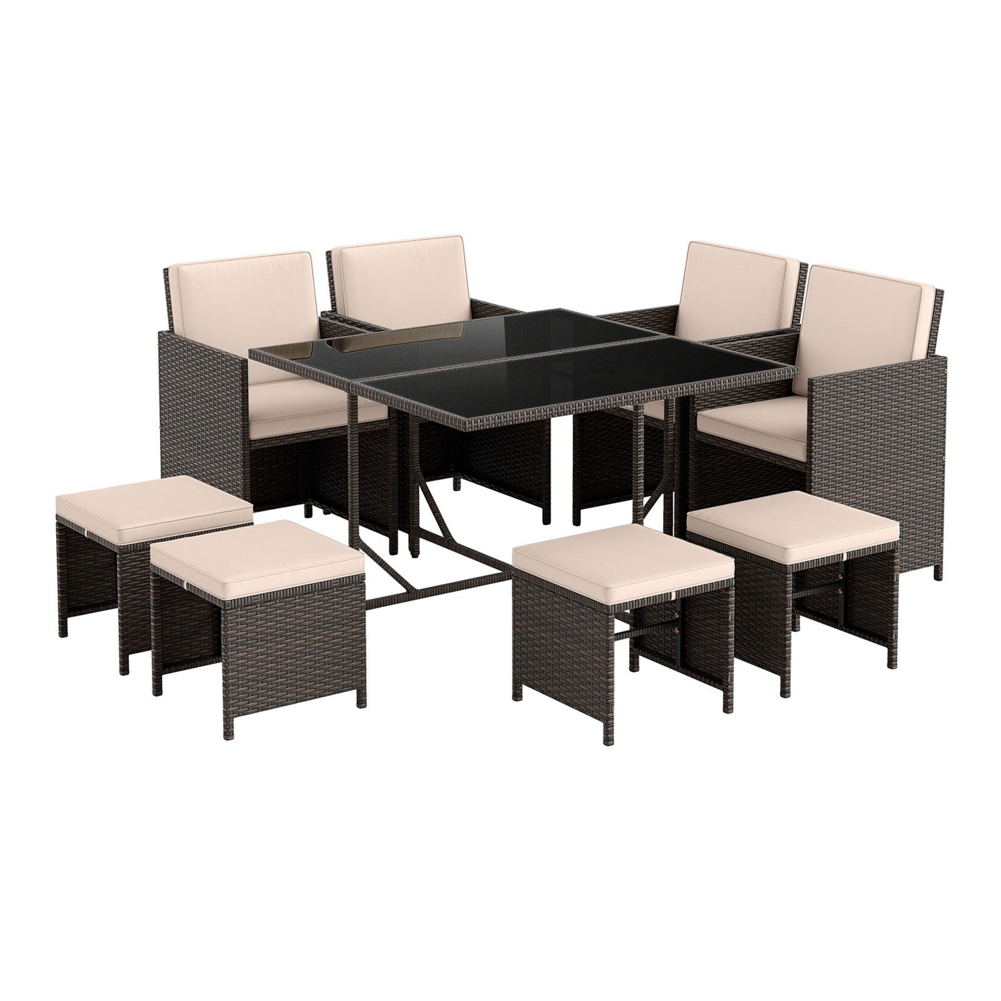 9 Piece Patio Dining Set with Tempered Glass Table and Ottoman