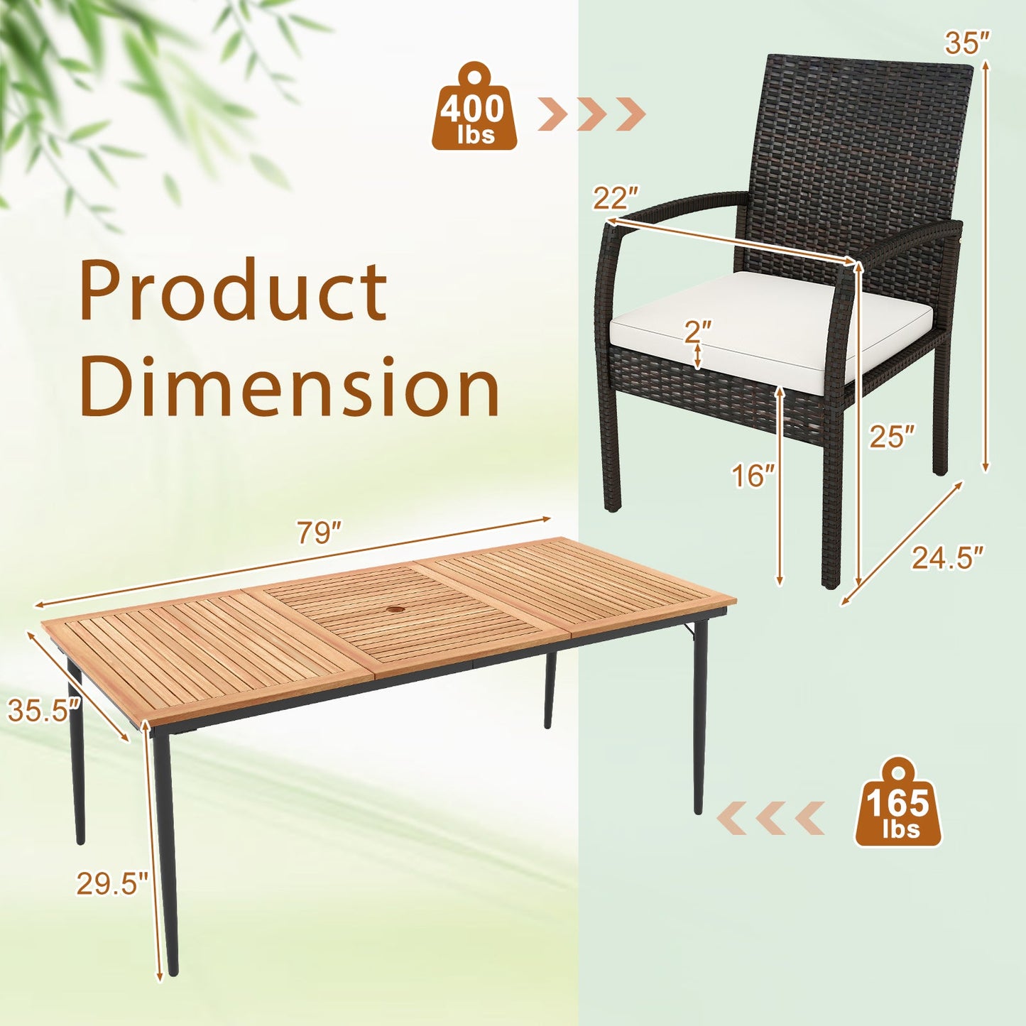 9-Piece Patio Dining Set with Umbrella Hole and 8 Rattan-woven Dining Chairs with Seat Cushions