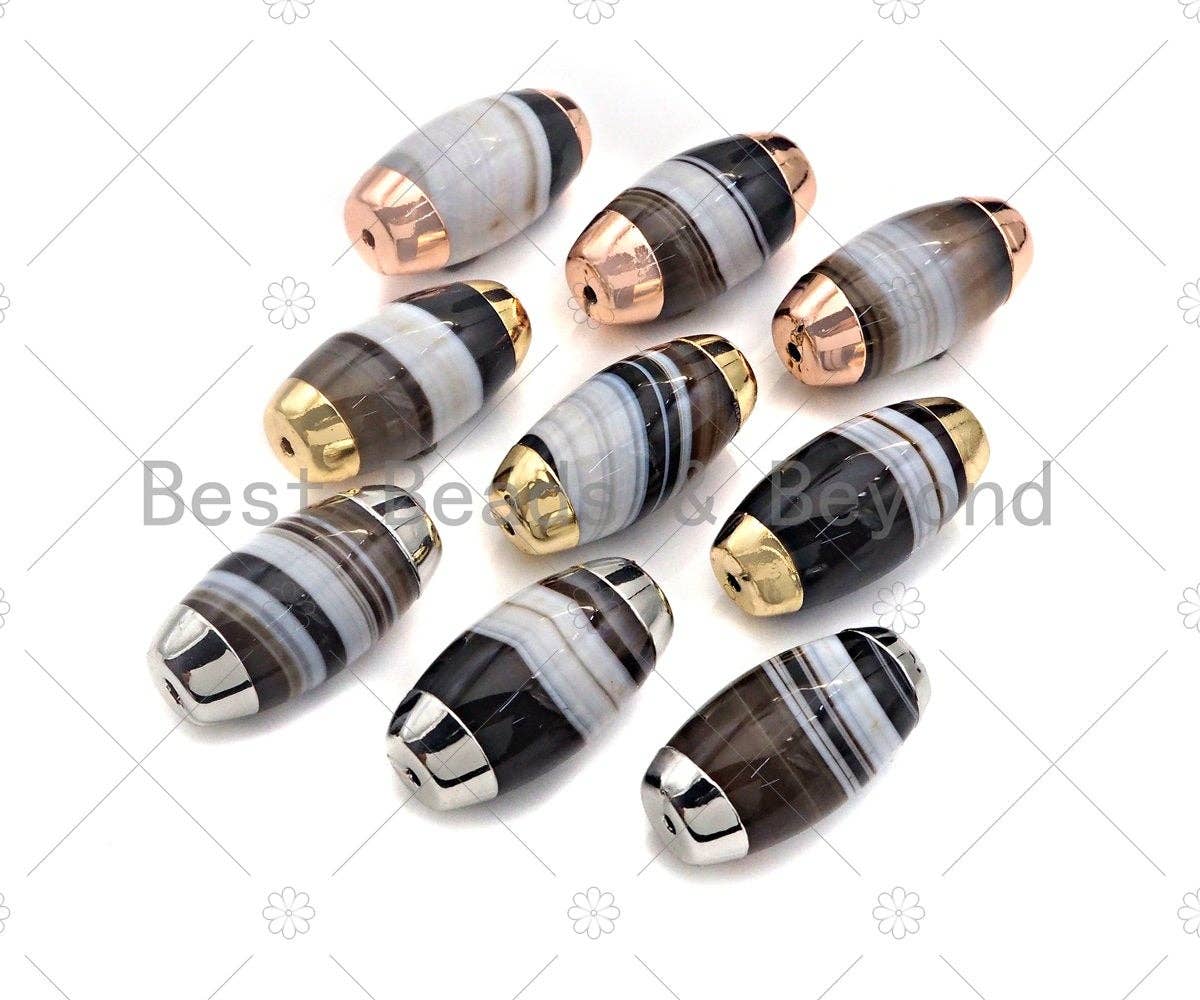 15x30mm Large Natural Banded Agate with Silver/Gold/Rose Gold Finish,Barrel Shape Spacer Beads, Oval Banded Agate Beads, sku#U993