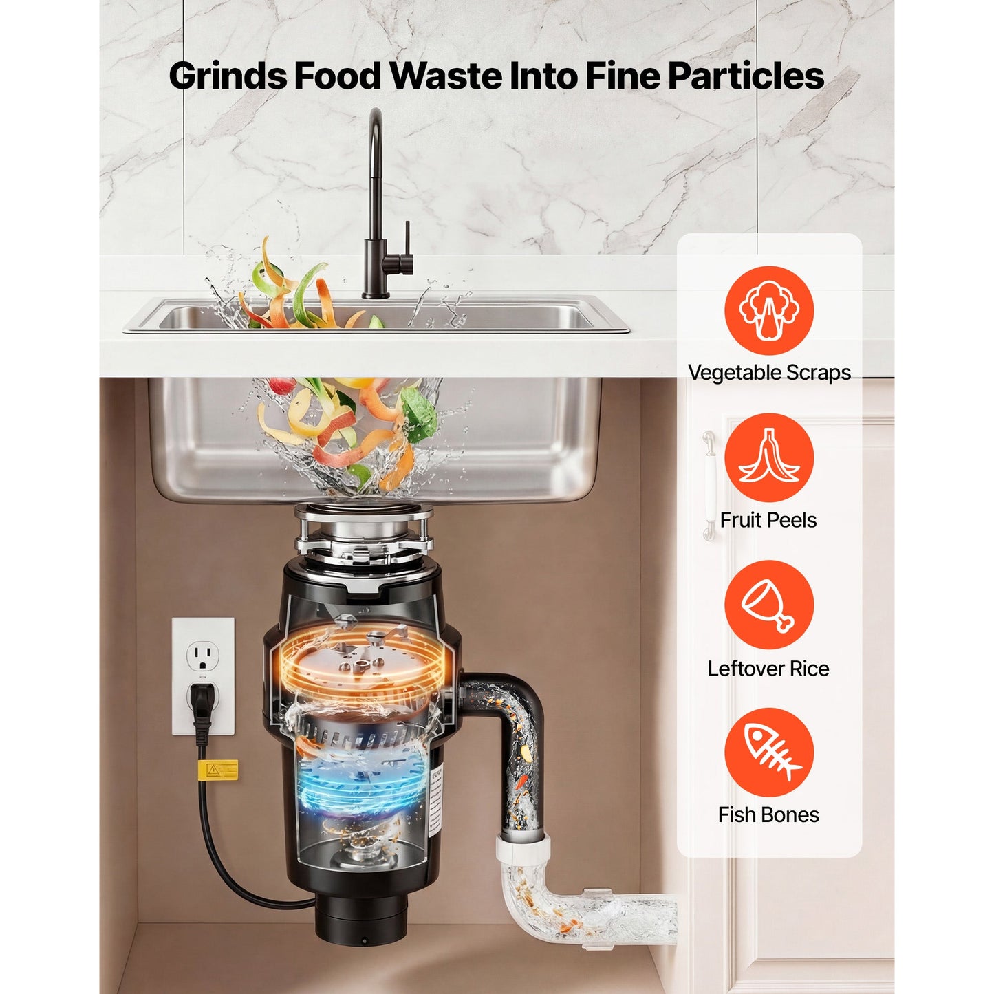Food Waste Garbage Disposal, 1HP DC Motor