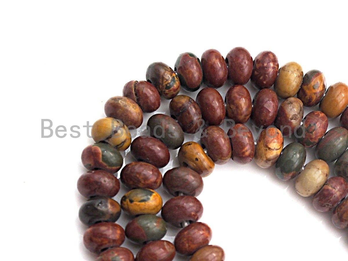 2mm Large Hole Natural Piscasso Jasper Beads, Rondelle Smooth 6x10mm/5x8mm, 8" Long Strands, sku#U716C