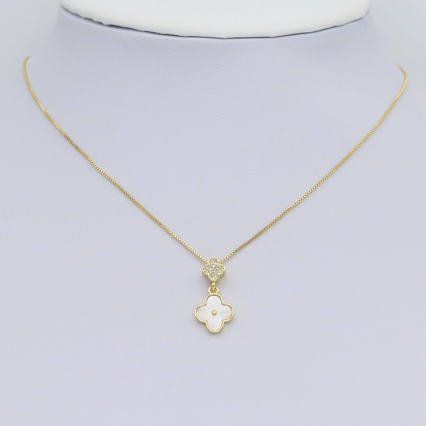 Clear CZ Mop Flower clover Shape Gold Stud Earrings, Sku#LK961