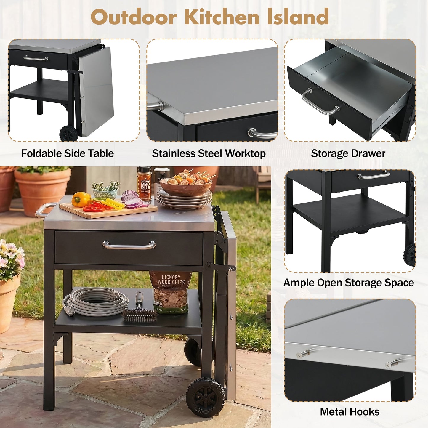 Outdoor Kitchen Cart - Foldable BBQ Prep Station