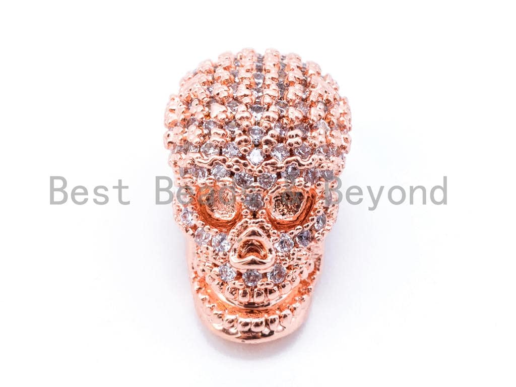 15x11mm 3D CZ Micro Pave Skull Beads, Gold/Black/Silver/Rose Gold Spacer Beads, Men Bracelet Spacer Beads, Sku#G243