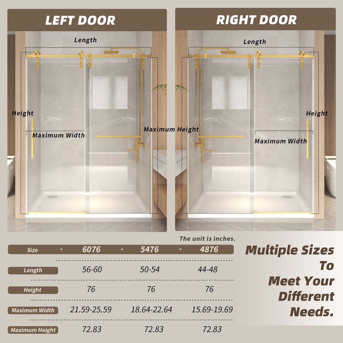 Frameless Sliding Shower Door - 76" H Clear Tempered Glass