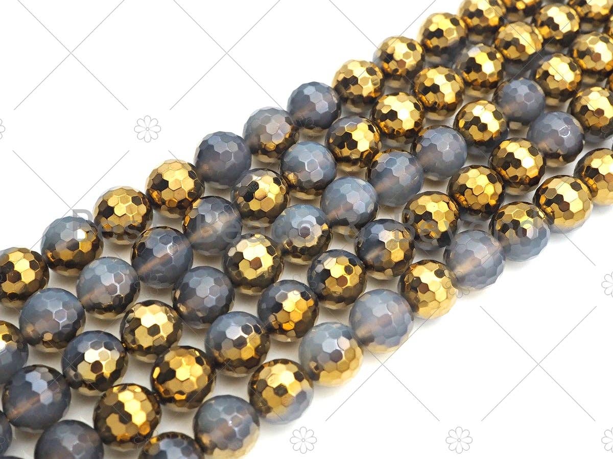 Natural Half Gold Plated Gray Agate Beads, 10mm/12mm Gold Grey Gemstone beads, 15.5" Full Strand, sku#UA99