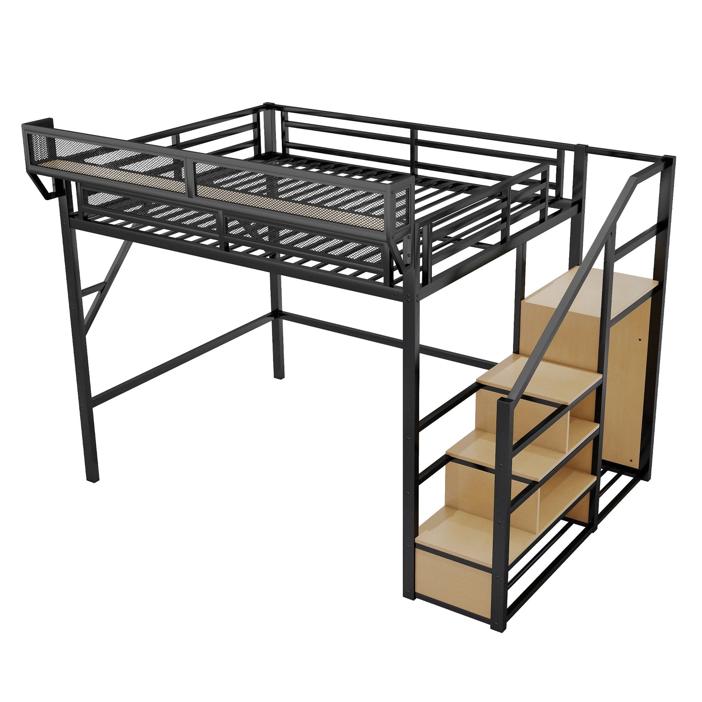 Queen Size Loft Bed with Stairs and Storage Shelves