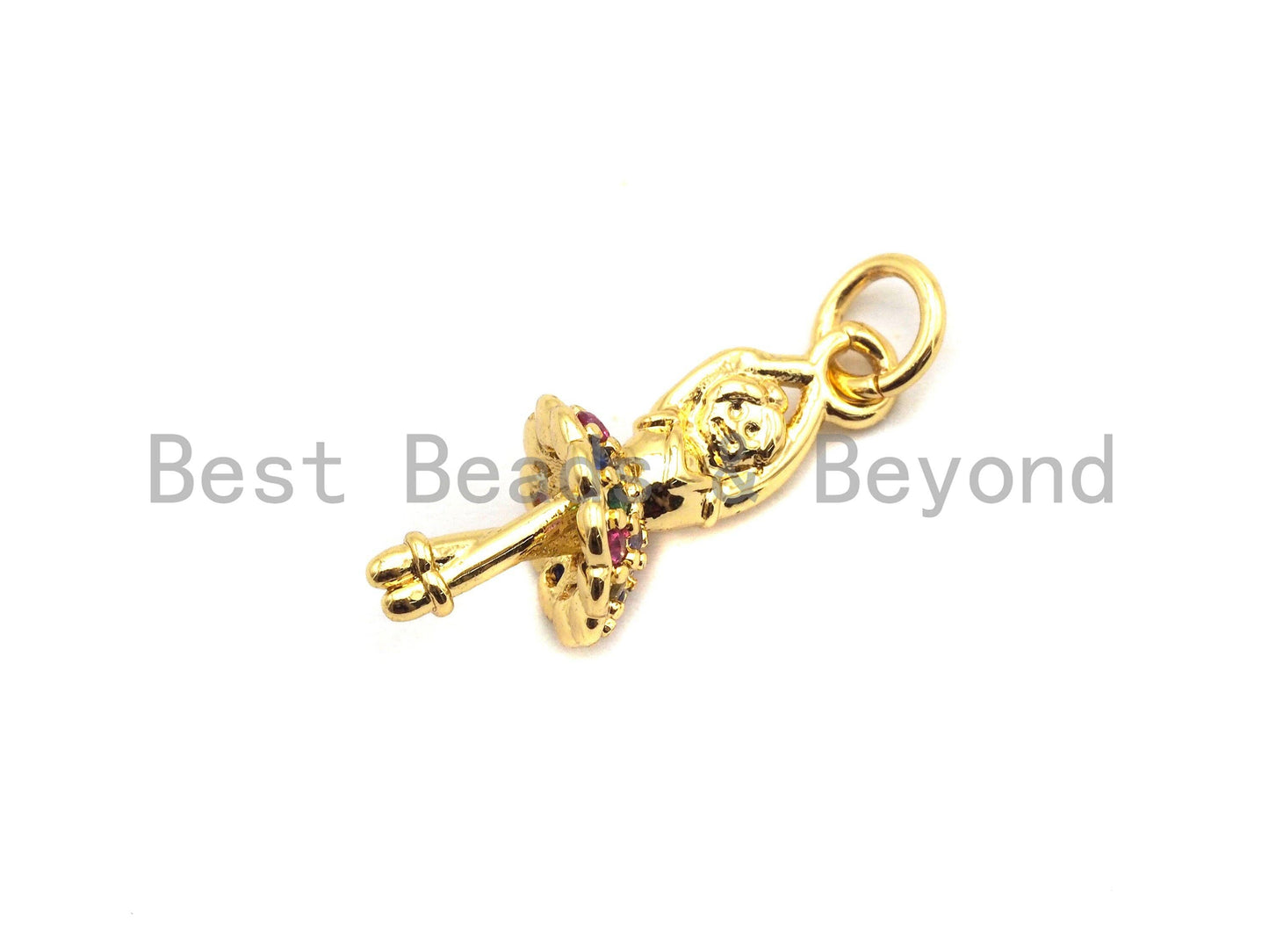 CZ Colorful Micro Pave Ballet Dancer Pendant, Dancing Girl Pave Pendant, Gold plated, 8x19mm, Sku#F830