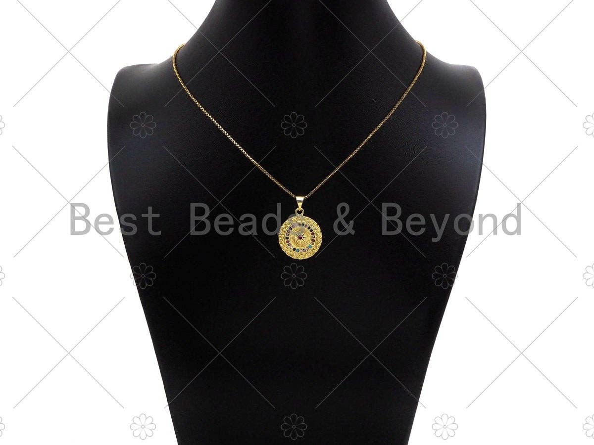 Colorful CZ Micro Pave North Star On Round Coin Shape Pendant,Dainty Gold Medallion Charm,Necklace Bracelet Charm Pendant,19x23mm, Sku#LK223