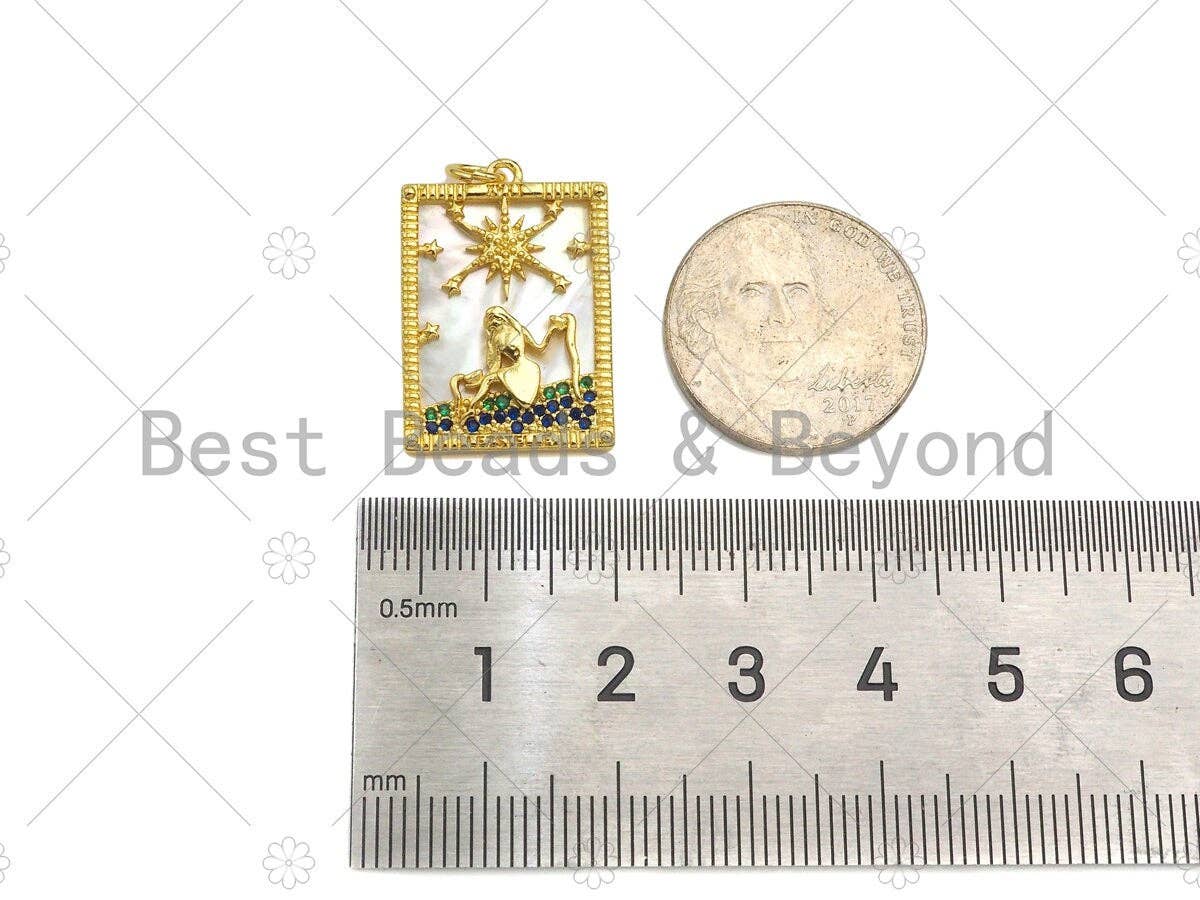 Gold Filled CZ Micro Pave North Star Cresent Moon on Mother of Pearl Rectangle Pendant,18K Gold Filled MOP Charm,17x24mm,Sku#Z1338