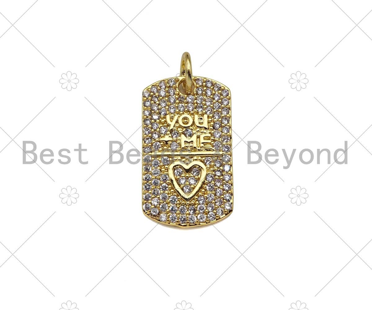 Gold Filled CZ Micro Pave You Me Heart On Rectangle Shape Pendant, 18K Gold Filled Charm, Love Necklace Bracelet Charm,11x18mm,Sku#LK330