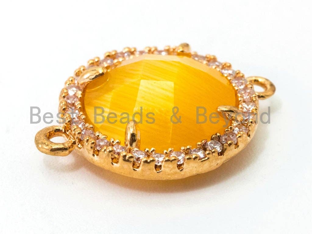 Round Bezel Connector with Cat's Eye Stone, Gold Plated CZ Micro Pave Frame Connector, Cat's Eye /Topaz /White/Rose pink 14x19mm, sku#A77