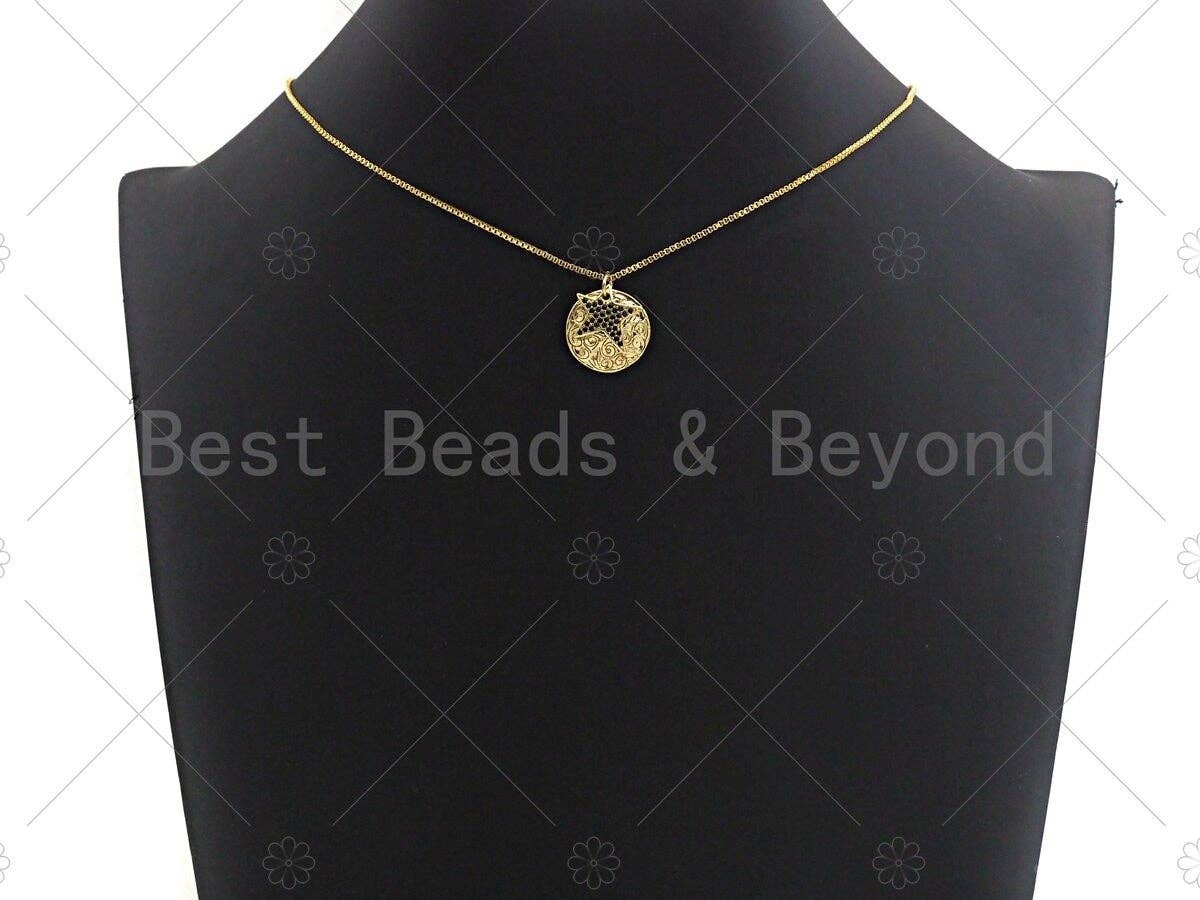 18K Gold Medallion Round Coin with Black Pave Star Charm, Brass Medallion, Gold Coin Charm, 17mm, Sku#LK23