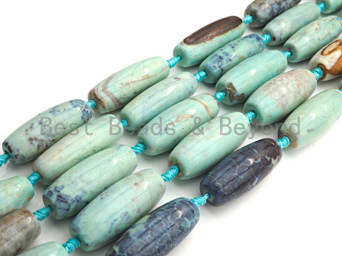 1pc/8pc Natural Turquoise Blue Agate Barrel Spacer Beads, Blue Black Agate Spacer Beads, Tibetan Dzi Beads, 14x40mm, sku#U884