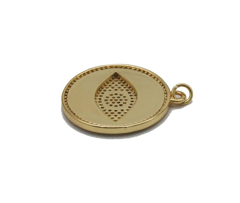 Gold CZ Light Green Enamel Evil Eye Round Coin Charm, Sku#LK718