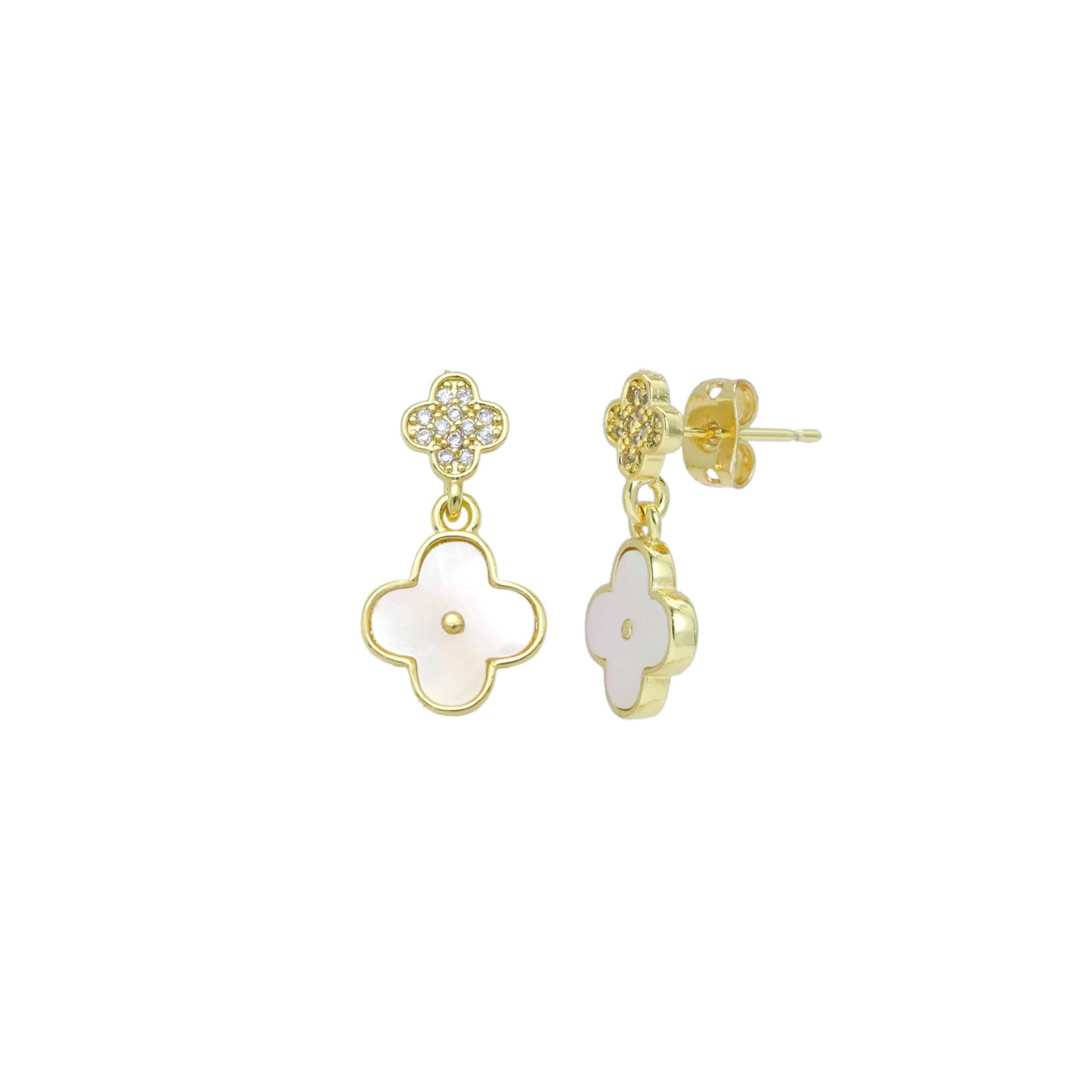 Clear CZ Mop Flower clover Shape Gold Stud Earrings, Sku#LK961