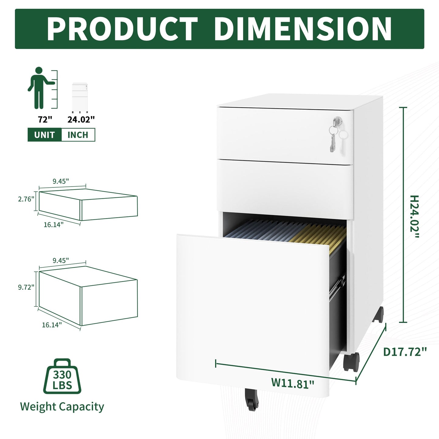 3-Drawer Mobile File Cabinet with Lock