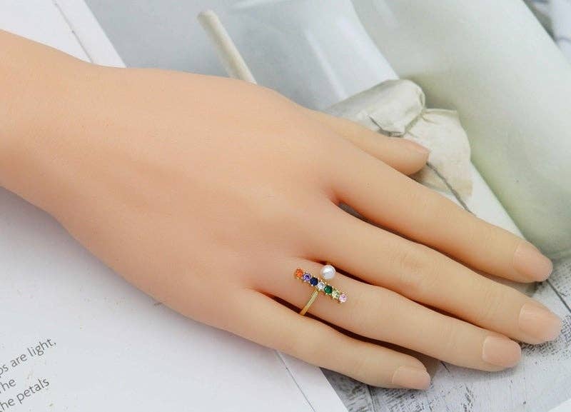 Colorful CZ Gold Bar Pearl Stackable Ring, Sku#JL139