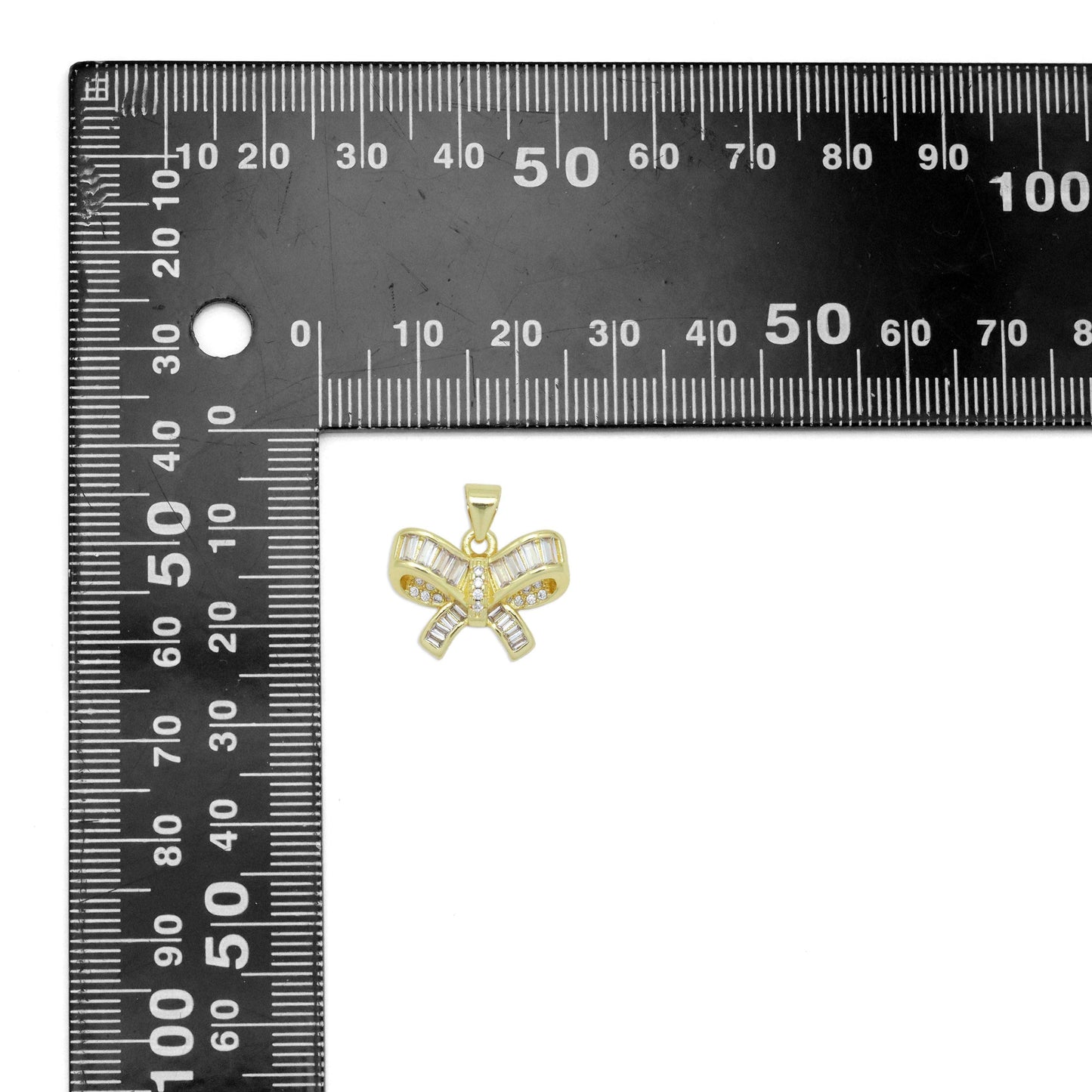 Clear Baguette CZ Gold Bowknot Charm Pendant, Sku#LK971
