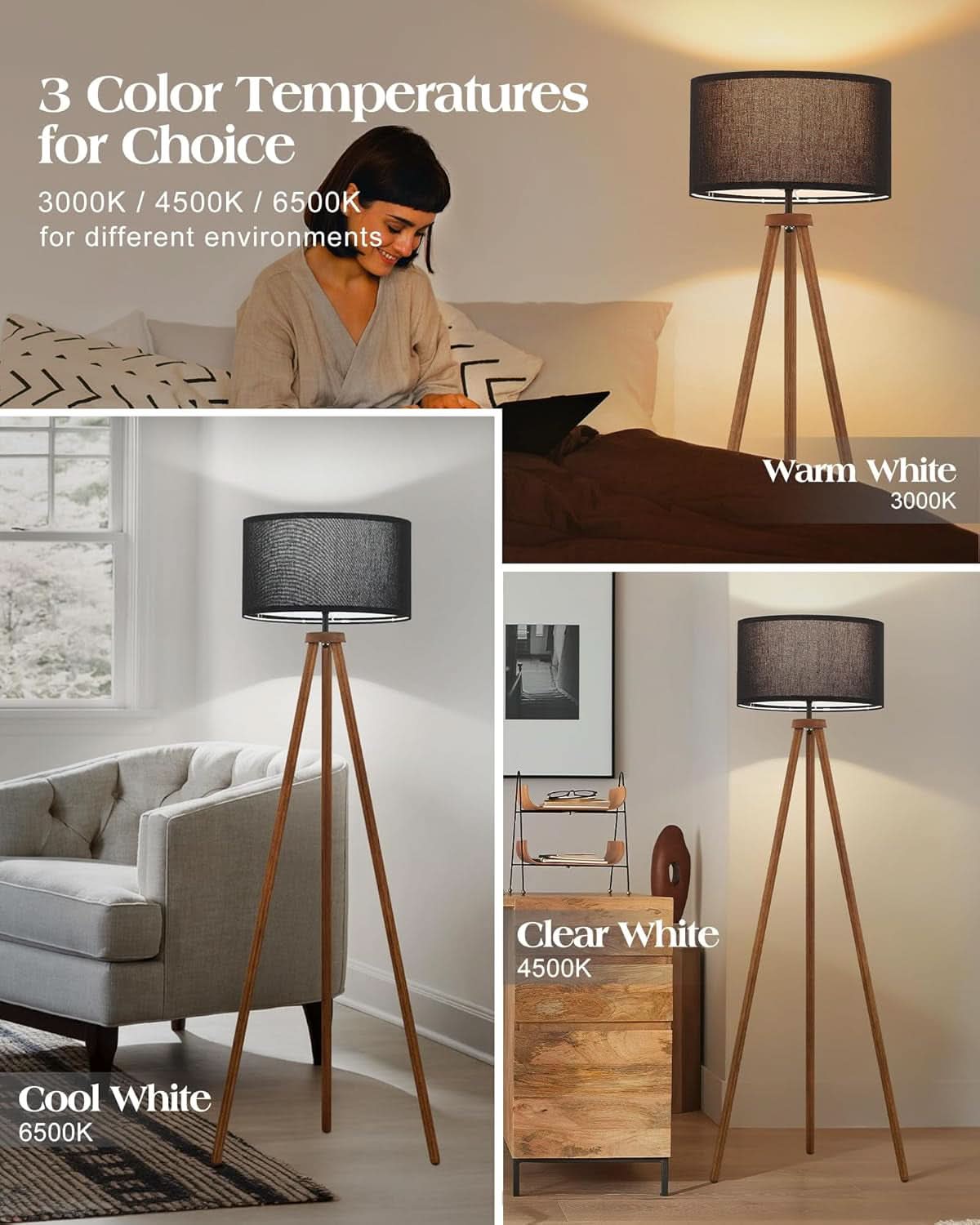 Walnut Wood Tripod Floor Lamp Color Temperature LED