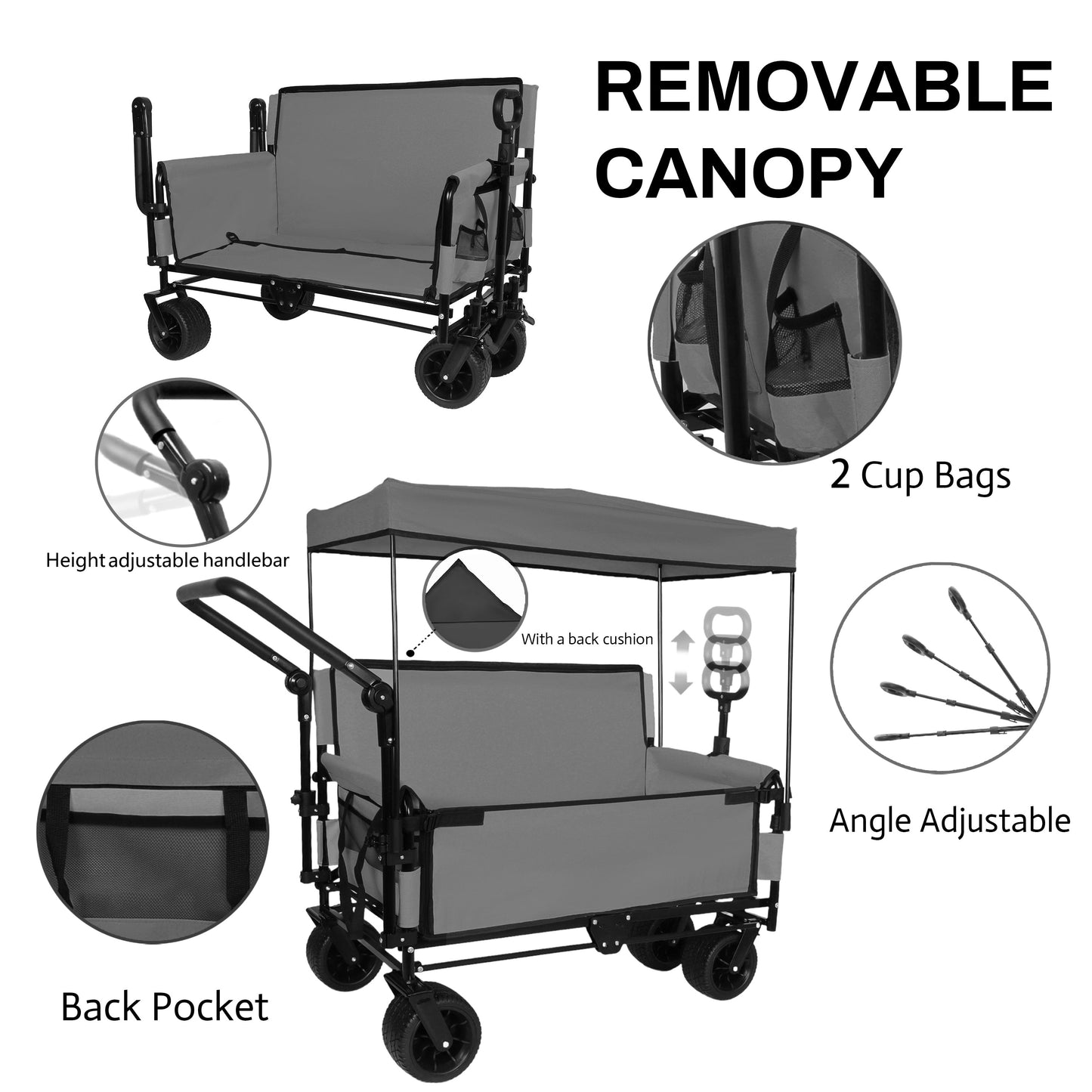 3-in-1 Folding Wagon Cart with Bench Seat & Canopy