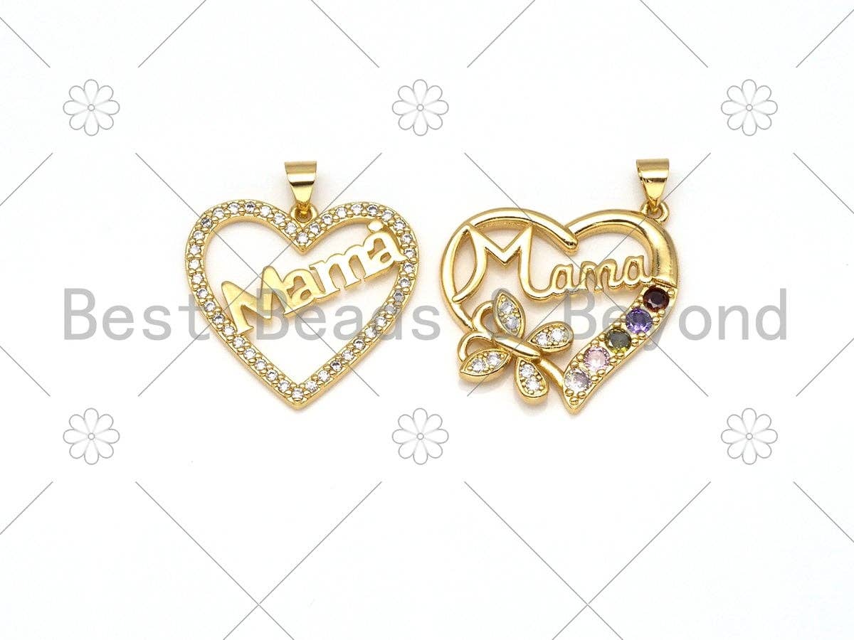CZ Micro Pave MAMA On Heart Shape Pendant,18K Gold Filled Mama Charm,Mother's Day Necklace Bracelet Charm Pendant,27x25mm,Sku#LK388