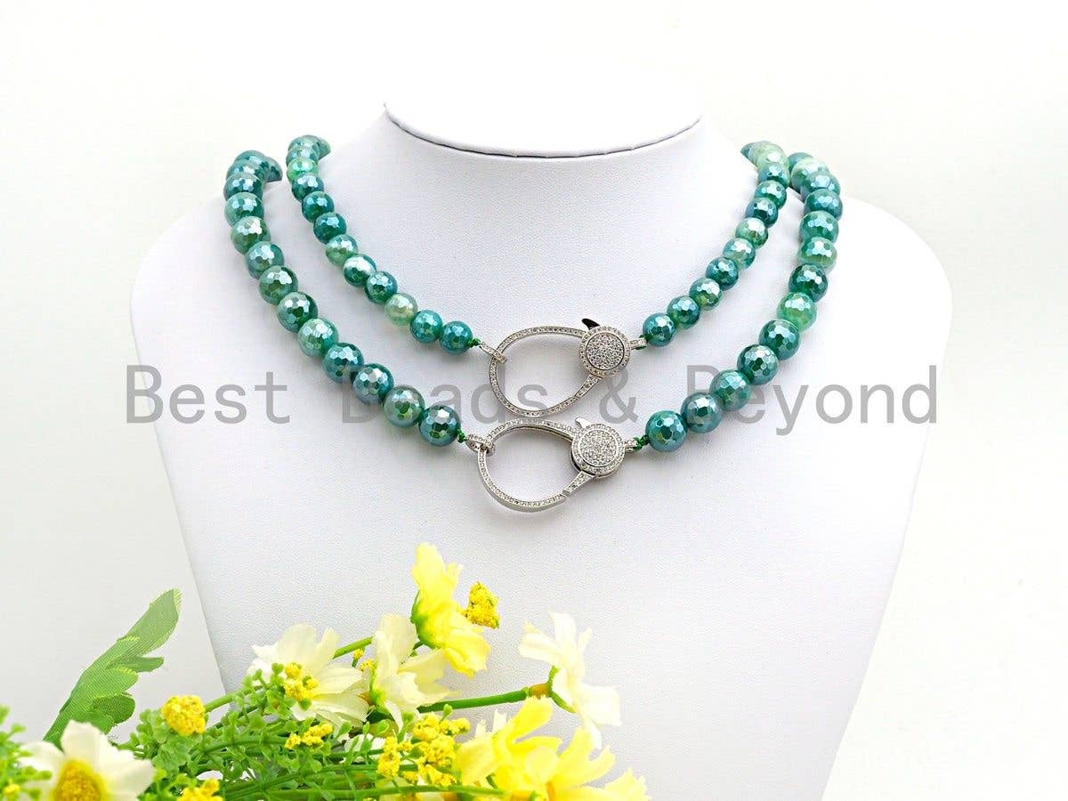 Green Agate Attachment Necklace with Large CZ Pave Silver clasp, 18 long, 8mm/10mm beads size, sku#D45