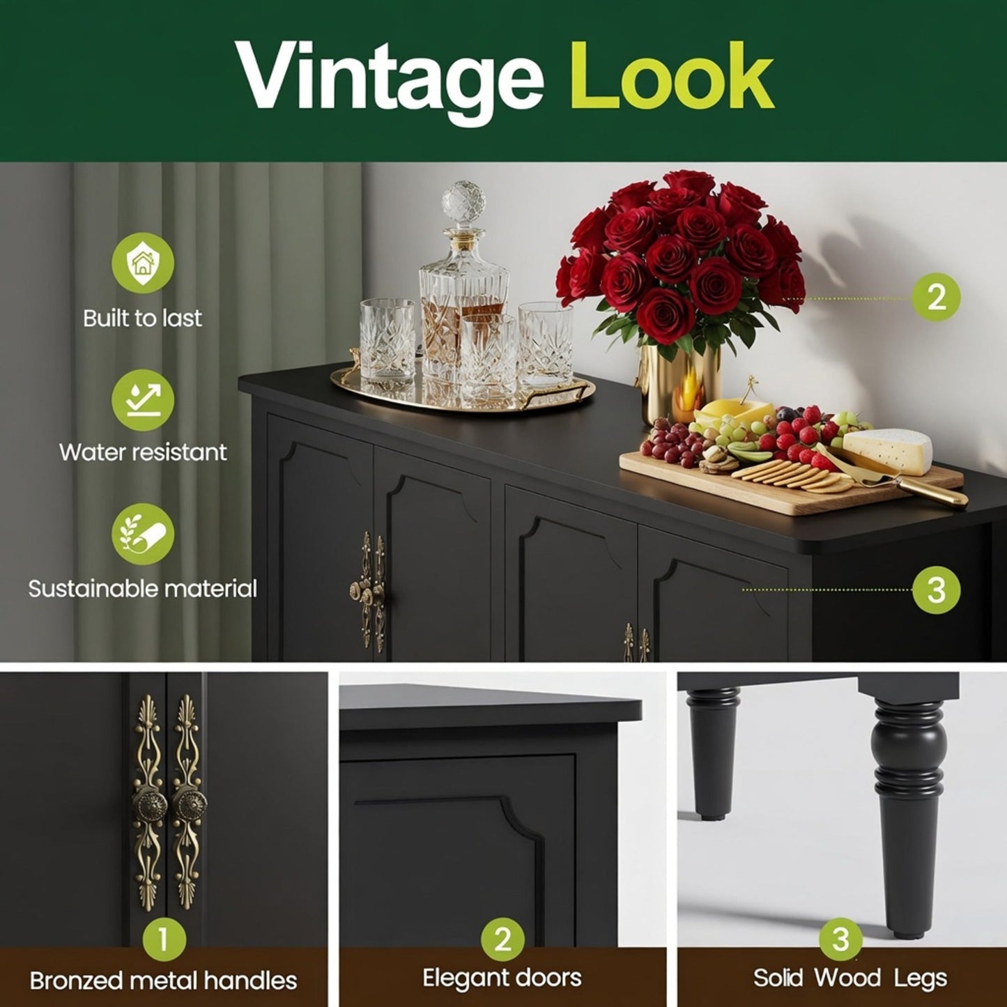 58.9" Stain Black Buffet Cabinet