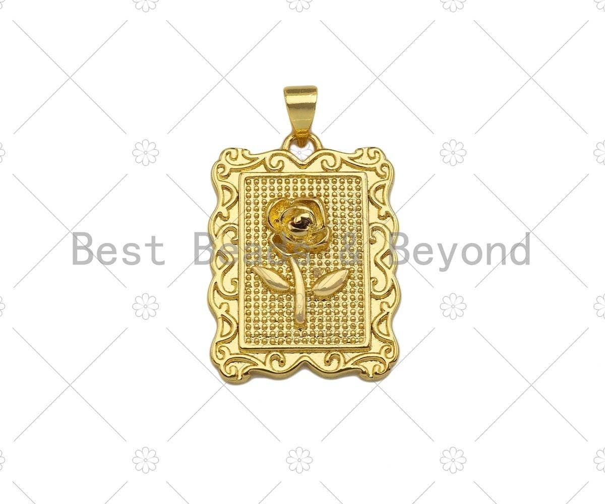 18K Dainty Gold Rose Flower Rectangle Charm, sku#LK231