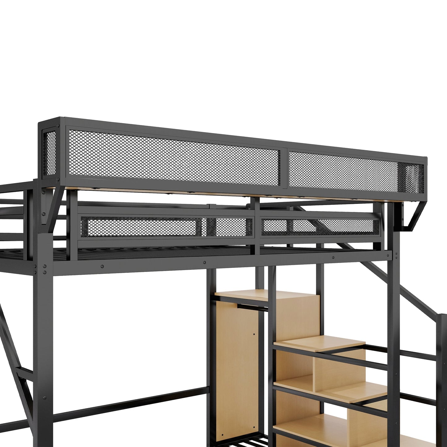Queen Size Loft Bed with Stairs and Storage Shelves