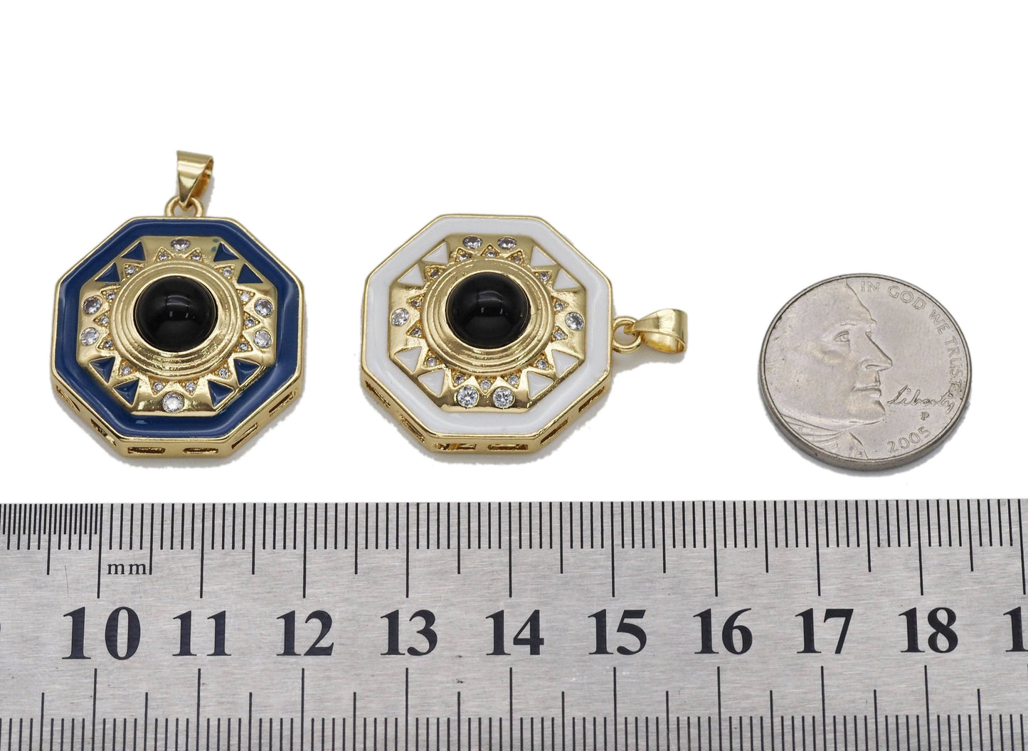 Gold CZ Enamel Octagon Shape Focal Pendant, Sku#LK726