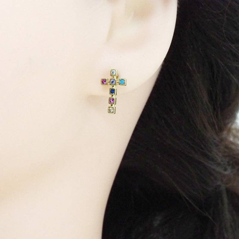 Gold Colorful CZ Cross Stud Earrings, Sku#LK774