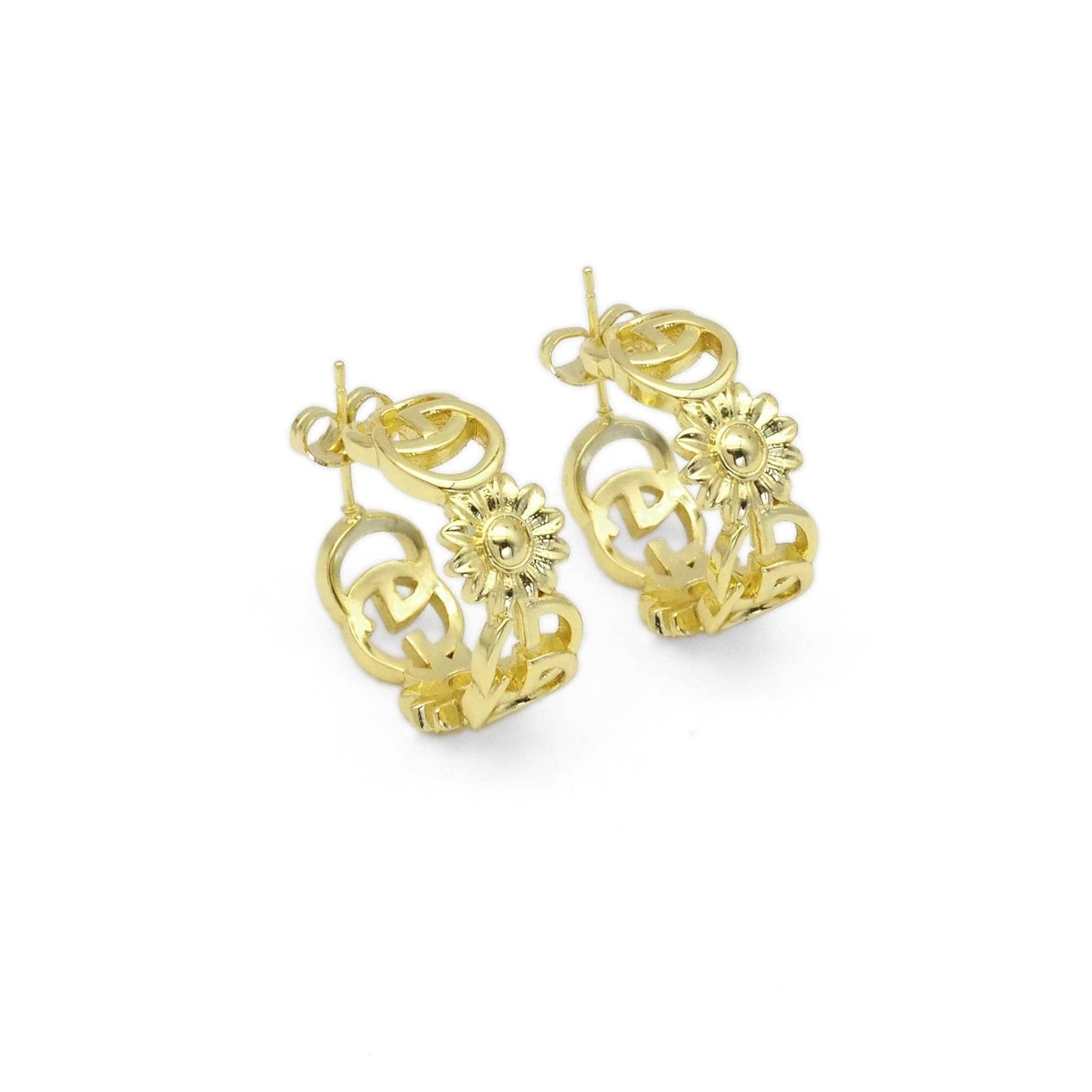 CZ Gold Daisy Flower Hoop Earrings, Sku#LK843